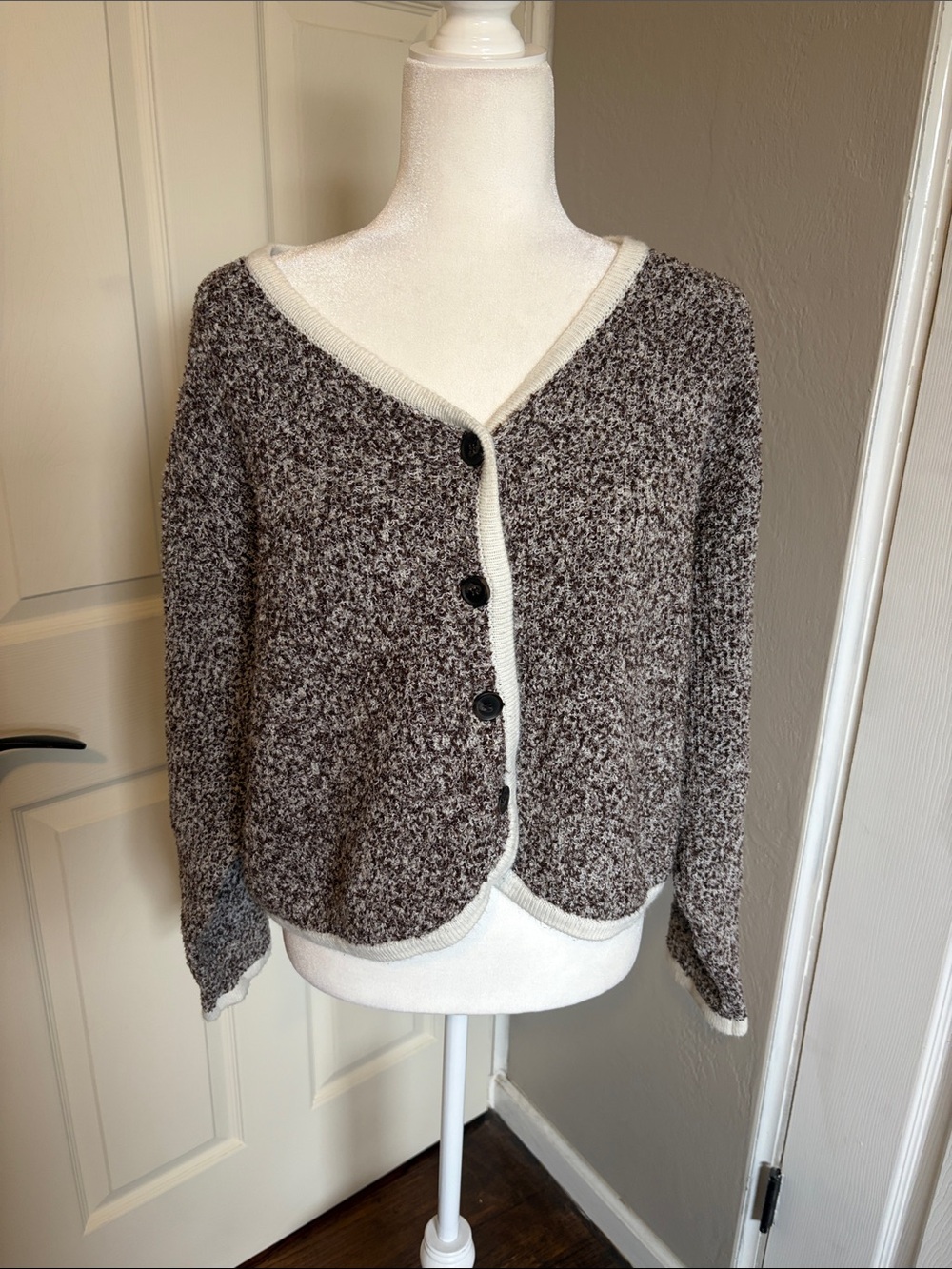 Anthropologie Flat White sweater Cozy Brown & Cream Speckled Button Cardigan - Picture 5 of 8